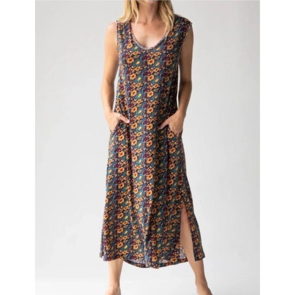 NATURAL LIFE Sunflower Hangout Cotton Midi Dress L/XL Boho Hippie Pockets
